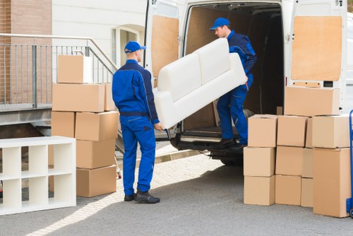 Packed boxes loaded into a removal van in Chelsea
